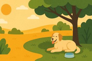 Chien allongé dans un coin ombragé du jardin, protégé du soleil grâce à un parasol ou une toile d’ombrage.