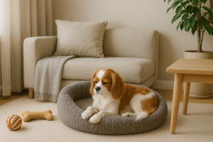  Salon calme avec panier douillet pour chien et jouets