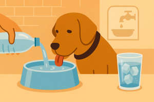 Chien buvant de l’eau fraîche dans une gamelle pendant que son maître la remplit, avec un verre de glaçons à côt