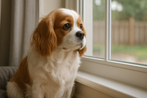 chien triste à la fenêtre