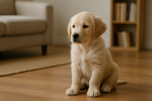 Jeune chiot calme seul dans une pièce