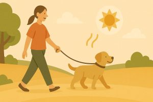 Personne promenant son chien tôt le matin à l’ombre, pour éviter la chaleur de la journée