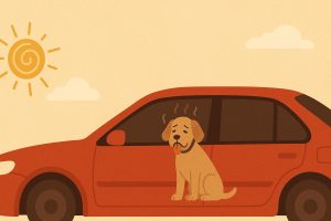 Chien enfermé seul dans une voiture en plein soleil, en danger de coup de chaleur.