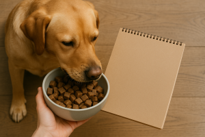 Chien nourri à heure fixe, carnet de routine à côté