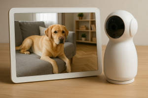 Caméra de surveillance montrant un chien tranquille chez lui