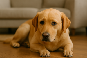Chien apeuré couché, oreilles basses