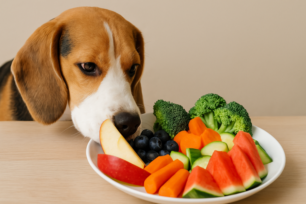 Chien curieux reniflant une assiette de fruits et légumes frais