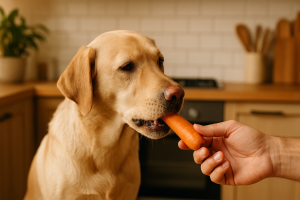 Chien mangeant un morceau de carotte dans la cuisine