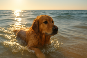 Chien nageant dans la mer en plein soleil