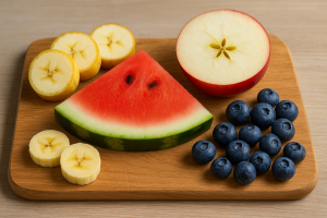 Tranches de banane, pomme, pastèque et myrtilles sur une planche