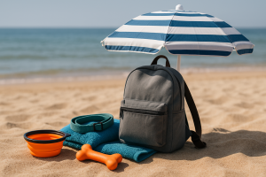 Kit d’accessoires de plage pour chien : gamelle, serviette, sac à dos, parasol
