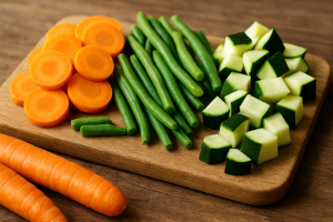  Carottes, haricots verts et courgettes coupés en morceaux