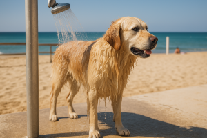 Chien mouillé dans une douche de plage