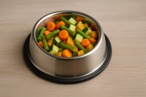 Gamelle avec une portion équilibrée de légumes pour chien
