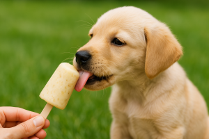 Chiot léchant une glace maison à la banane