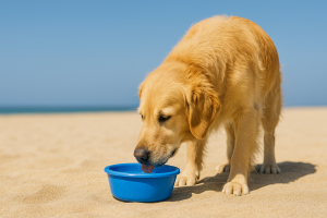  Chien buvant dans une gamelle en plein soleil