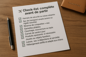 Check-list de voyage pour chien accrochée sur un sac