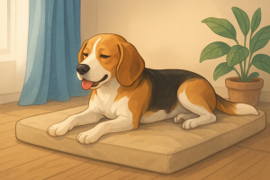 Illustration d’un chien détendu sur un coussin après une période de chaleur, dans une pièce fraîche et calme