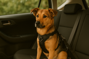 Chien attaché avec un harnais à l’arrière d’une voiture