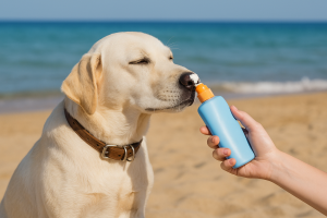Chien à poils clairs protégé du soleil avec de la crème solaire spéciale animaux