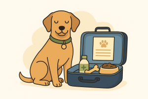 Chien assis à côté d'une valise ouverte avec des accessoires pour voyager