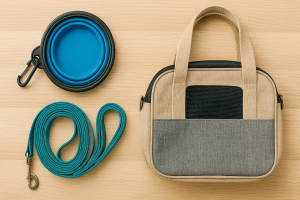 Ensemble d’accessoires de voyage pour chien comprenant gamelle, laisse et sac de transport