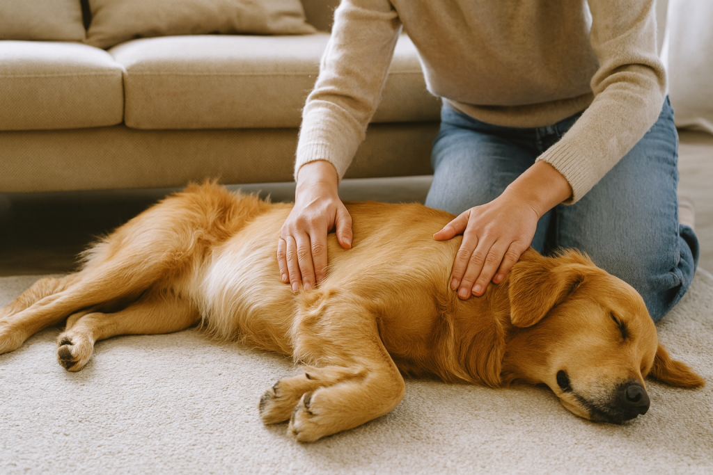 Chien allongé détendu pendant un massage doux à la maison