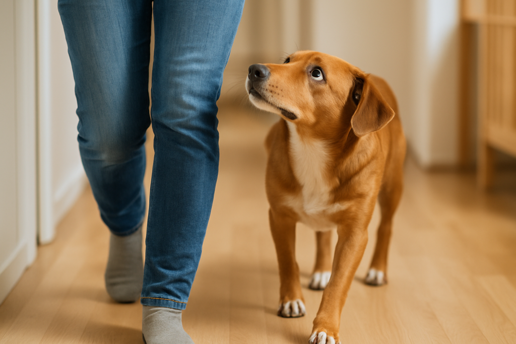 Chien suivant son maître dans une maison avec regard attentif