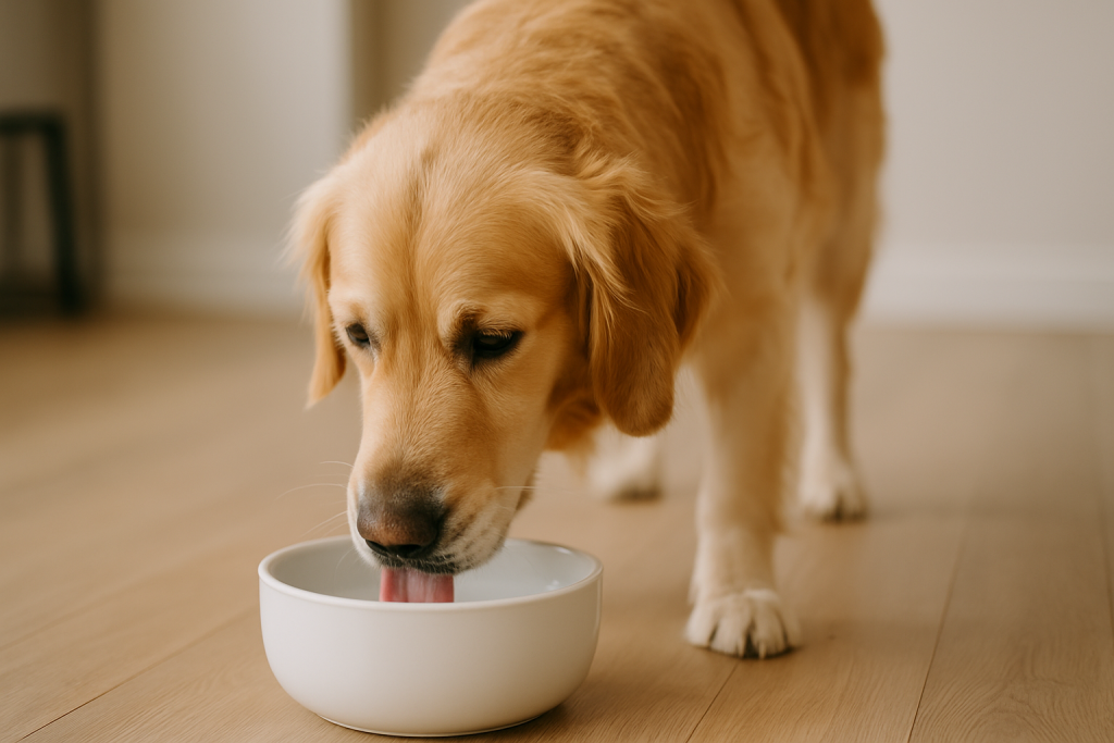Chien buvant abondamment dans une gamelle d’eau fraîche à l’extérieur