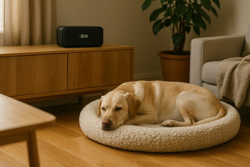 Chien détendu dans un salon lumineux avec musique d’ambiance.