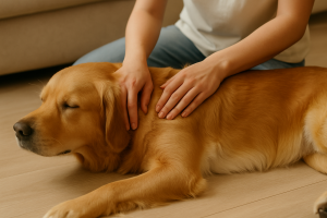 Chien les yeux fermés pendant un massage relaxant