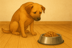 Chien regardant sa gamelle avec hésitation