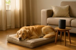 Playlist classique douce diffusée à faible volume pour apaiser un chien.