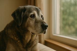Vieux chien gris regardant par la fenêtre avec sérénité