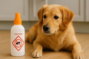 Flacon d’antiparasitaire chimique posé à côté d’un chien
