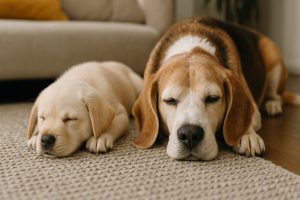 Chiot et chien senior apaisés par une musique calme à la maison.