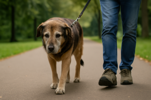 Chien âgé marchant lentement en laisse dans un parc