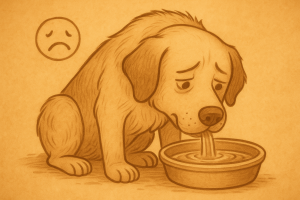 Chien buvant de l’eau dans une gamelle en extérieur, par temps chaud