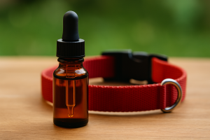 Petit flacon d’huile essentielle avec pipette et collier pour chien
