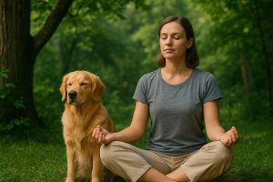 Femme en méditation assise dans un parc, les yeux fermés, aux côtés de son Golden Retriever calme et détendu
