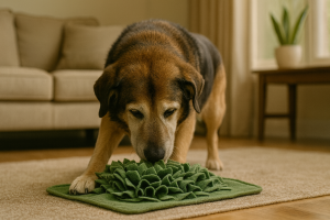  Chien âgé jouant avec un tapis de fouille dans un salon