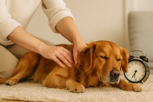 Chien recevant un massage avec une minuterie à côté