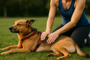 Chien sportif recevant un massage après une course