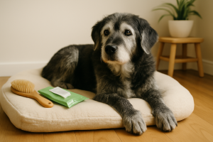 Brosse douce et lingettes posées à côté d’un vieux chien