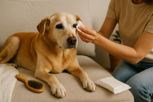 Vétérinaire examinant un chien âgé avec douceur sur la table