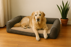 Panier orthopédique pour chien placé dans un coin calme