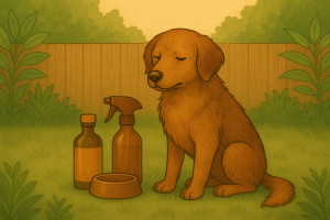 Flacon d’huile végétale et vaporisateur posés à côté d’un chien