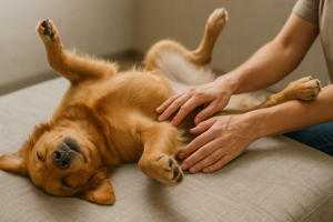 Schéma illustrant les zones de massage canin sur un chien couché