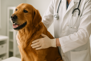 Chien examiné par un vétérinaire avant massage