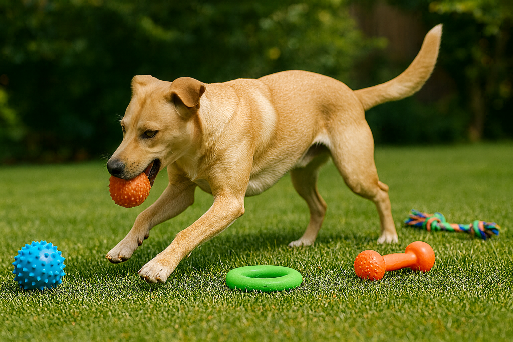 Chien joueur en plein air avec plusieurs jouets colorés
